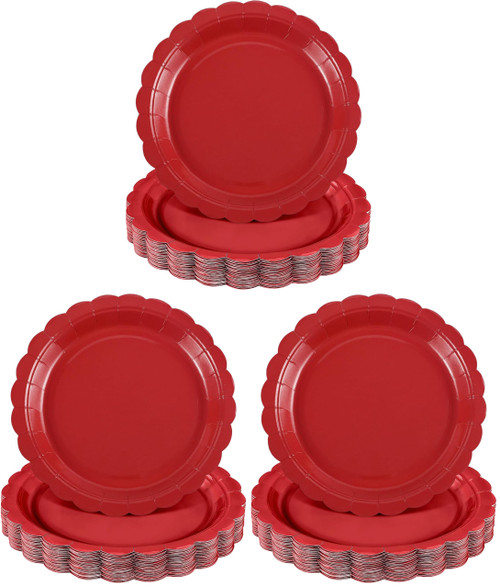 NatNarr 30 Pcs Red Paper Plates 9 Inch Scalloped Red Dessert Dinner Plates Cute Party Plates for 4th of July, Birthday, Picnic (Pack of 3)