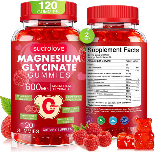 sudrolove Magnesium Glycinate Gummies 600mg per Serving, 120 Count,2 Pack
