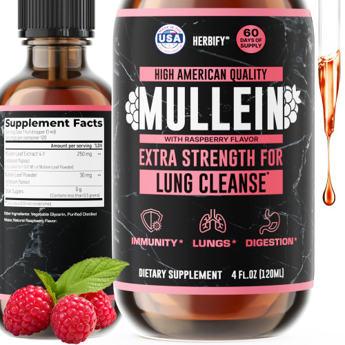 HERBIFY Mullein Drops - Lung Cleanse - Leaf Extract - Powerful Mullein for Immune Support, Detox & Respiratory Support - Made in USA - 4 Oz Raspberry Flavor