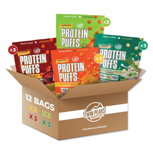 Twin Peaks Low Carb, Keto Friendly Protein Puffs, 2 Serving 12 Pack, (60g, 42g Protein, 4g Carbs)