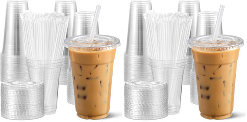 AOZITA [100 Sets 12 oz Clear Plastic Cups With Lids and Straws, Disposable Cups With Lids for Iced Coffee, Smoothie, Milkshake and Cold Drinks. (Pack of 2)