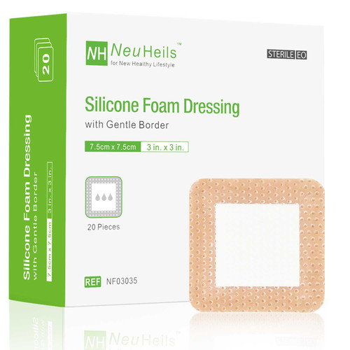 NeuHeils Silicone Foam Dressing with Border 3"x3", 20 Pack for Bed Sores