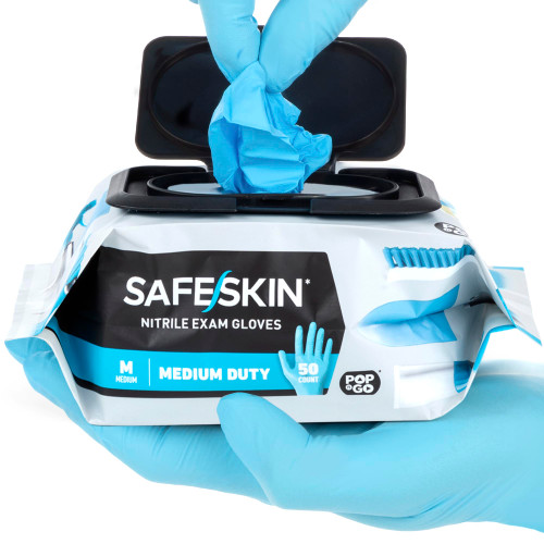 SAFESKIN Nitrile Disposable Gloves in 4 Packs of 50/200 Total, Medium Duty, Medium Size, Powder Free - For Food Handling, First Aid, Cleaning, Gardening, Crafting - Premium Medical Exam Gloves