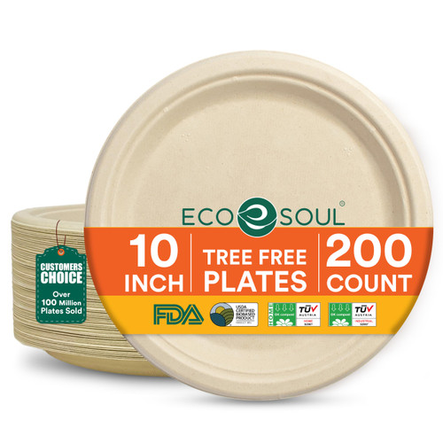 ECO SOUL 10 Inch Disposable Bagasse Paper Plates (200 Pack, Round)