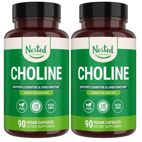 Nested Naturals Choline Bitartrate 500mg Per Serving - High Potency Choline Supplements - Supports Prenatal Maternal & Fetal Health During Pregnancy* - 100% Vegan & Non-GMO - 2-Pack (180 Capsules)