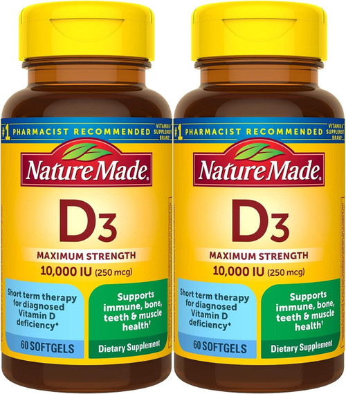 Nature Made Maximum Strength Vitamin D3 10000 IU (250 mcg), Dietary Supplement for Bone, Teeth, Muscle and Immune Health Support, 60 Softgels, 60 Day Supply - Pack of 2
