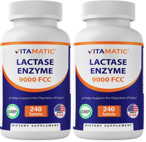 Vitamatic Lactase Enzyme 9000 FCC 240 Tablets - Lactose Intolerance Relief Caplets (Pack of 2)