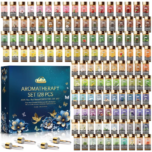 Essential Oil Set, 128 Pcs Fragrance Aromatherapy Oils for Skin, Diffusers, Home Care, Humidifier Laundry, Candle Making - Tea Tree, Sandalwood, Lavender, Vanilla, Eucalyptus and More(5mL)