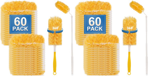 Heavy Duty Duster Refills, Disposable Dusters Kit for Cleaning Dusting Furniture Blind Ceiling Fan, Multi Surface 360 Feather Duster(60)+3FT Extended Handle +1 Handle (Pack of 2)