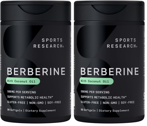 Sports Research Berberine Supplement with Coconut Oil - Herbal & Ayurvedic Metabolic Health Support - Berberine 500mg, 90 Softgels - Gluten-Free, Non-GMO Berberine Powder (Pack of 2)