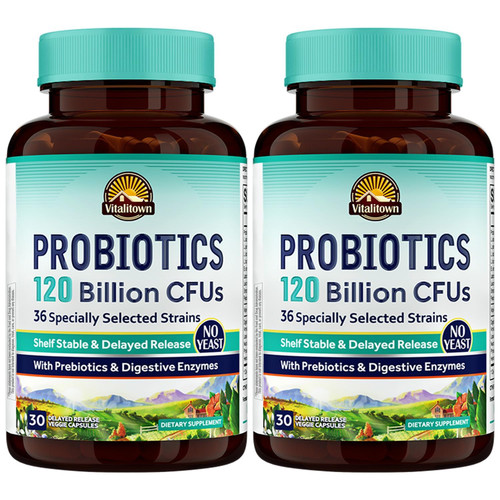 Vitalitown Probiotics 120 Billion CFUs | 36 Strains, with Prebiotics & Digestive Enzymes for Men Women | Shelf Stable | Digestive & Immune Support | Vegan | 60 Delayed Release Veg Caps