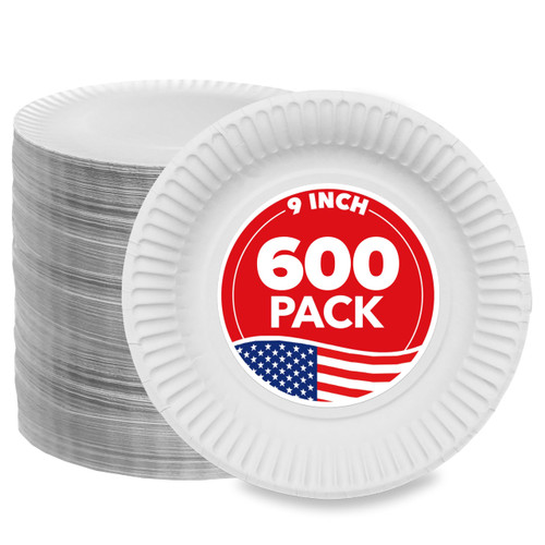 Stock Your Home 9-Inch Paper Plates Uncoated, Everyday Disposable Plates 9" Paper Plate Bulk, White, 600 Count