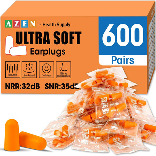 AZEN 600 Pairs Ear Plugs, NRR 32dB Soft Foam Ear Plugs for Sleeping Noise Cancelling, Earplugs for Concerts Shooting Swimming Noise Reduction,Individually Wrapped (Orange)