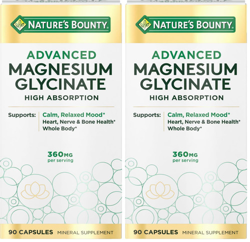 Nature's Bounty Calm Magnesium Glycinate Supplement - High Absorption Magnesium for Relaxed Mood, Heart & Bone Health, 90 Capsules (Pack of 2)