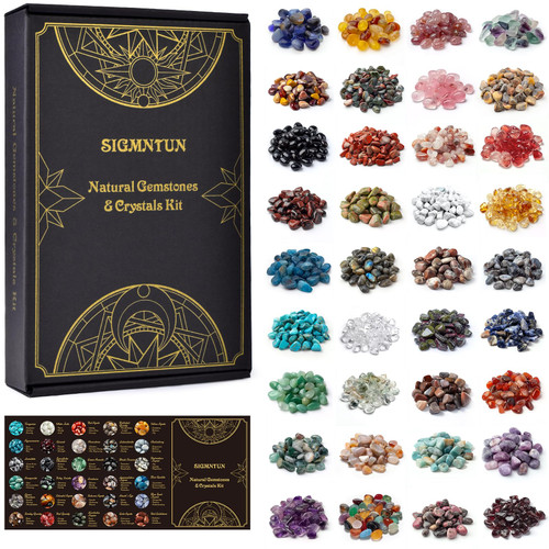 SigMntun 36 Varieties Healing Crystal Chips Stones Set – Christmas Gift 2.5 lbs, 0.3" Natural Polished & Tumbled Gemstones Collection and Small Decorative Rocks for Chakra, Meditation, Reiki, Crafts