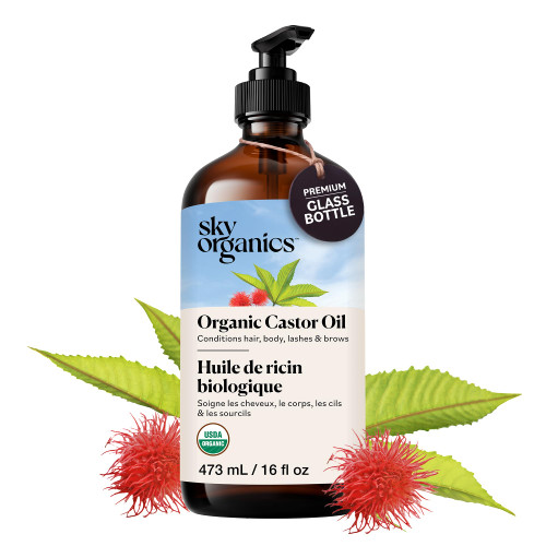 Sky Organics Organic Castor Oil - Glass Bottle - for Hair, Lashes & Brows 100% Pure Cold-Pressed USDA Certified Organic to Strengthen, Moisturize & Condition, 16 fl. Oz