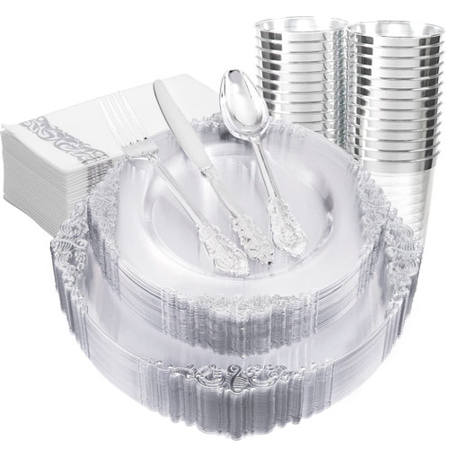 FLOWERCAT 175PCS Clear Silver Plastic Plates -Include 50 Plates, 25 Cups, 25 Forks, 25 Knives, 25 Spoons, 25Napkins for Wedding & Party&New Year