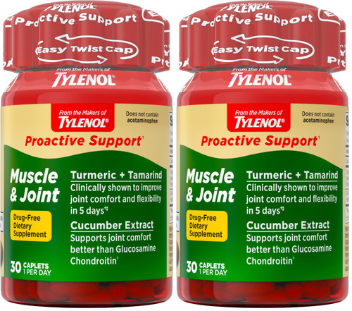 Tylenol Proactive Support* Muscle & Joint Supplement, Drug-Free Daily Turmeric Supplement + Tamarind + Cucumber Extract, Improves Joint Comfort & Flexibility in 5 Days*, 30 ct (Pack of 2)
