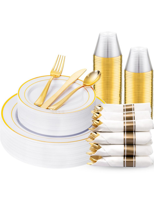 WDF Partyware 175PCS White and Gold Plastic Plates - Gold Plates with Rolled Napkins for Party - 25Guest Disposable Dinnerware Sets for Wedding/Baby Shower/Birthday