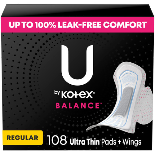U by Kotex Balance Ultra Thin Pads with Wings, Regular Absorbency, 108 Count (6 Packs of 18) (Packaging May Vary)