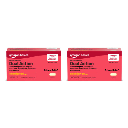Amazon Basics Dual Action Acetaminophen 250mg and Ibuprofen (NSAID) 125mg Tablets, Pain Reliever for Headache, Backache, Menstrual Pain, Arthritis Pain Relief, 216 Count-Previously Care