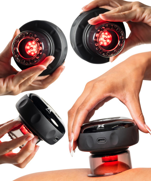 REVO The Original 4-in-1 Smart Cupping Therapy Massager, Red Light Therapy for Targeted Pain Relief, Knots, Aches, Muscle Soreness, Circulation & Tighter Skin, Portable Cupping Kit (Four Pack)