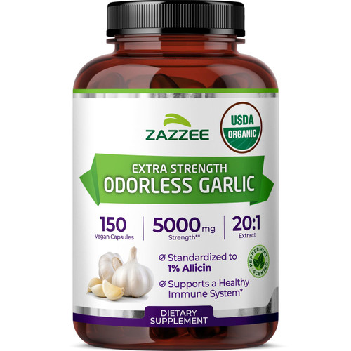 Zazzee USDA Organic Odorless Garlic 20:1 Extract, 1% Allicin, 150 Capsules
