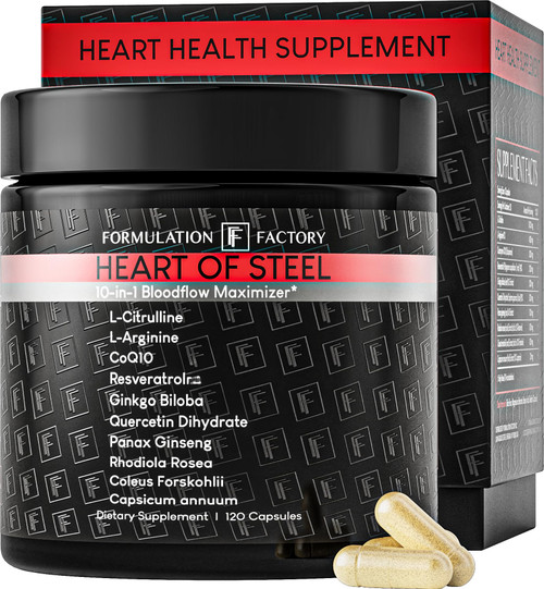Formulation Factory Heart of Steel Nitric Oxide Supplements for Men & Women, Nitric Oxide Booster for Blood Flow & Circulation with L-Citrulline 1000mg, L-Arginine, CoQ10 & Resveratrol - 120 Capsules