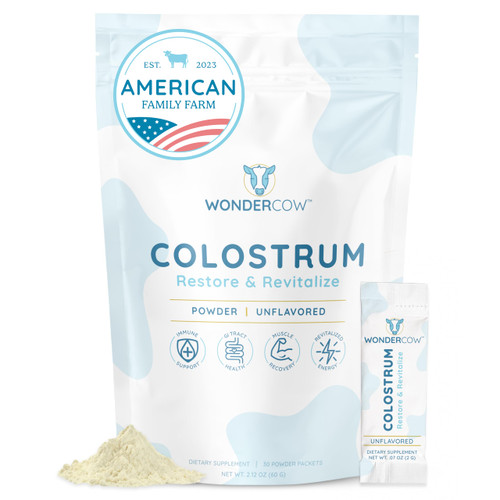 WONDERCOW Colostrum Supplement Powder for Gut Health, Immune Support & Wellness | Natural IgG Pure Whole Bovine Colostrum Superfood, Unflavored, 30 Servings
