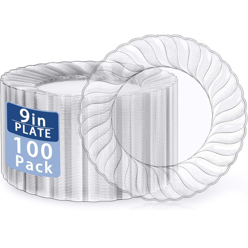 U-QE 100 Pieces Clear Plastic Plates - 9 Inch Clear Disposable Plates