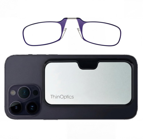 Always With You by ThinOptics Classic Slim Reading Glasses with Metal Case that Sticks to Your Phone - Ultra-Thin Armless Pocket Readers - Lightweight, Durable, Convenient - Metal/Purple, 2.5x