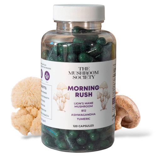 The Mushroom Society Morning Rush - Lion's Mane, Ashwagandha, Turmeric & Vitamin B12 Extract Blend | Premium Nootropic Mushroom Supplement for Adults | 120 Vegan Capsules | Daily Wellness Support