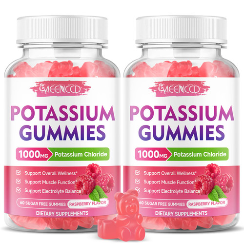 2 Pack Potassium Gummies, Potassium Chloride for Adults, Sugar-Free Potassium Supplement Gummies Support Electrolyte Balance for Women & Men, Raspberry Flavor, 120 Count