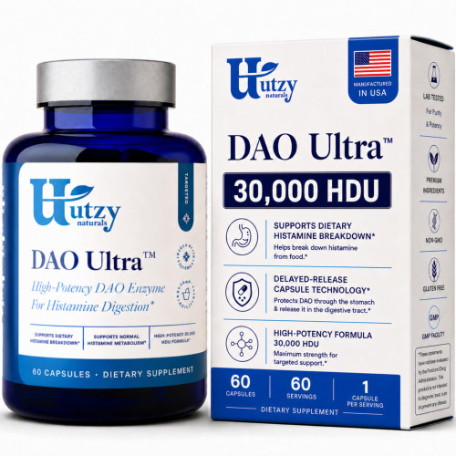 Utzy Naturals DAO Ultra Diamine Oxidase Enzyme Supplement, 30,000 HDU - Histamine Intolerance & Food Sensitivity Support, Delayed-Release DRcaps, Third-Party Tested - 60 Capsules