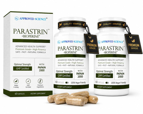 Approved Science Parastrin - Intestinal Detox Cleanse for Humans - Sweet Wormwood Capsules, Black Walnut Hull, Clove, Garlic, Pumpkin, Papain 2000, BioPerine - Men and Women - Vegan - 60 Capsules