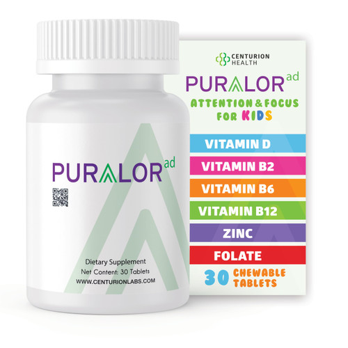 Centurion Premium Puralor AD, Cognitive and Focus Supplement for Kids with Saffron, Folate, Vitamin C, D and Zinc, 30 Chewable Tablets