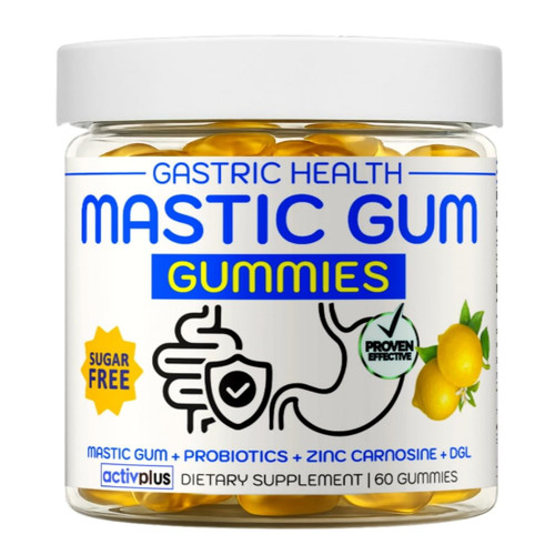 ACTIV PLUS Mastic Gum Stomach Soothe - Stomach Relief h Pylori Support 4 in 1 Mastic Gum Probiotics Zinc Carnosine DGL Licorice Extract - Gut Lining Health Lemon 60 Vegan Gummies
