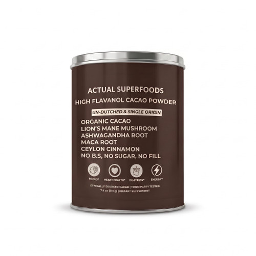 Actual Superfoods High Flavanol Cacao Powder Blend - Flavanols & Flavanoids - Organic Coffee Alternative with Lions Mane, Ashwagandha, Maca & Ceylon Cinnamon - 7.4 ounces - Morning Focus & Energy Ritual