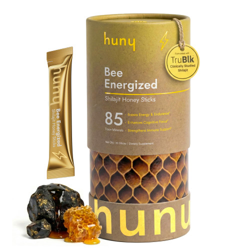HUNY Bee Energized Shilajit Honey Sticks | Functional Raw Honey + TruBlk Clinically Studied Pure Himalayan Shilajit | 85+ Trace Minerals & Fulvic Acid for Clean Energy | 30 Count