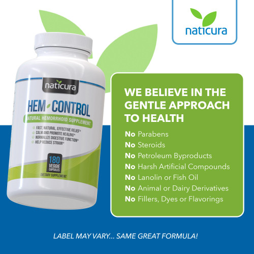 Naticura Hem-Control - Fast Effective Hemorrhoid Treatment Supplement - Powerful Formula to Promote Symptom Relief, Shrinking of Hemorrhoids, Ease Discomfort - 180 Vegan Capsules - Made in USA