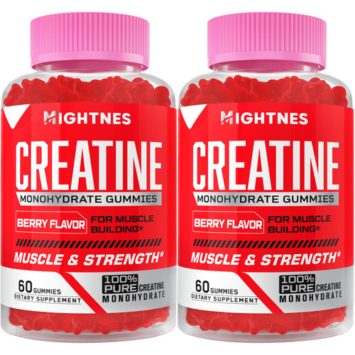 Mightnes Creatine Monohydrate Gummies for Men & Women - Creatine Pre-Workout Gummies with Taurine & Vitamin B6 B12 for Maximum Strength, Muscle, Energy, Endurance & Focus, Organic, Vegan - 120 Count