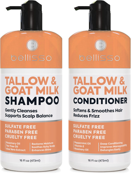 Beef Tallow Shampoo and Conditioner Set with Goat Milk - Sulfate Free Moisture for Women and Men - For Dry, Itchy Scalp - Hydrating, Thickening, Volume Care for Thinning Hair - 16 Fl Oz (Pack of 2)