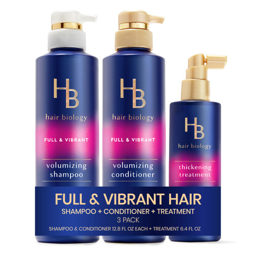 Hair Biology Full & Vibrant Set Including: Volumizing Shampoo (12.8 Fl Oz), Conditioner (12.8 Fl Oz) & Thickening Treatment (6.4 Fl Oz), for Thin or Fine Hair, Biotin Infused, Paraben-Free, Color-Safe