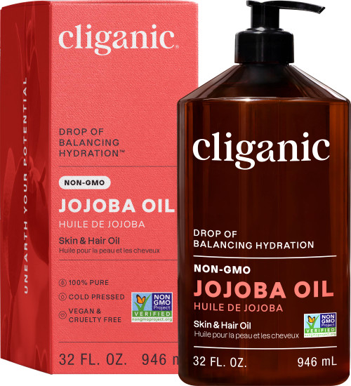 Cliganic Jojoba Oil ,100%, Non-GMO, Cold Pressed for Face, Hair & Skin 32oz