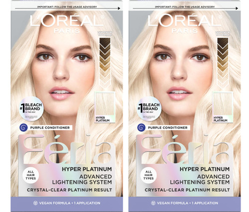 L’Oreal Paris Feria Hyper Platinum Hair Bleach, Lifts Up To 8 Levels, Includes Anti Brass Purple Conditioner, Hyper Platinum Blonde Hair Dye Kit, Pack of 2