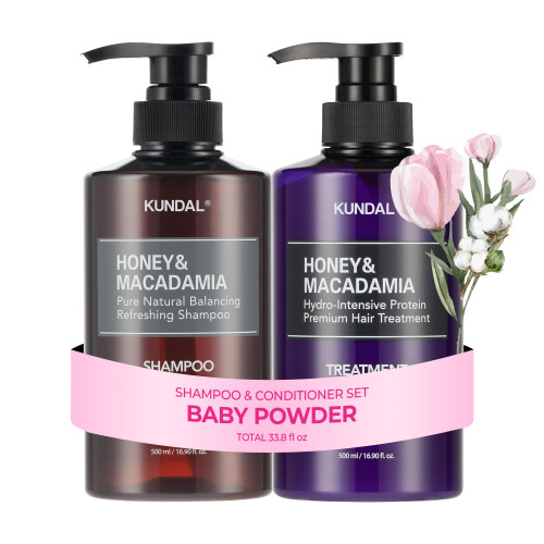 KUNDAL Honey & Macadamia Shampoo & Conditioner Set, [Baby Powder]