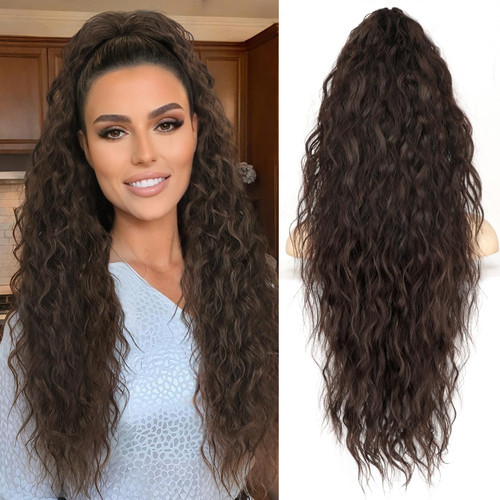 ORSUNCER Ponytail Extension Claw 26" Curly Pony Tail Clip in Claw Hair Extensions Fluffy Natural Looking Synthetic Hairpiece for Women Dark Brown
