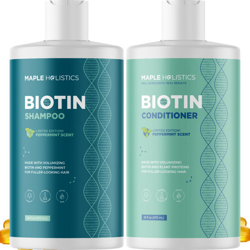 Volumizing Biotin Shampoo and Conditioner Set - Peppermint Shampoo and Conditioner for Thinning Hair Care with Argan Coconut & Olive Oil - Color Safe - Paraben Silicone & Sulfate Free (16 Fl Oz Each)