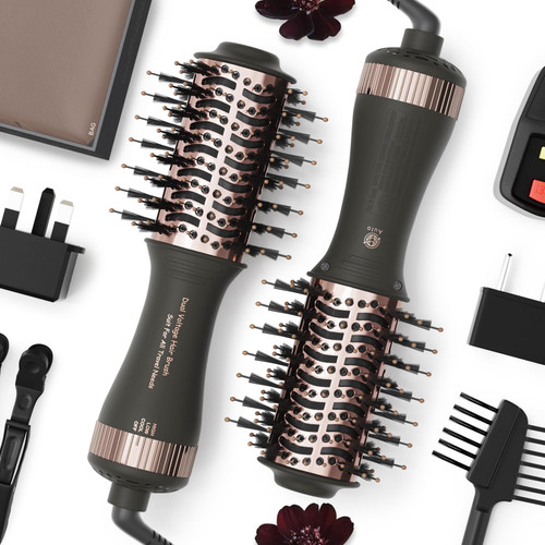 Travel Dual Voltage Blow Hair Dryer Brush 4-IN-1 Portable Mini Hot Air Dryer Straightener & Curler Brush, Titanium 2-Inch Blowout Styler Volumizer Tool, 110/240V US/EU/UK Plug for International Travel