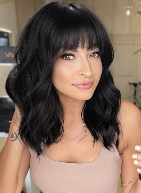 AISI HAIR Bob Curly Wig Synthetic Short Black Wigs with Bangs